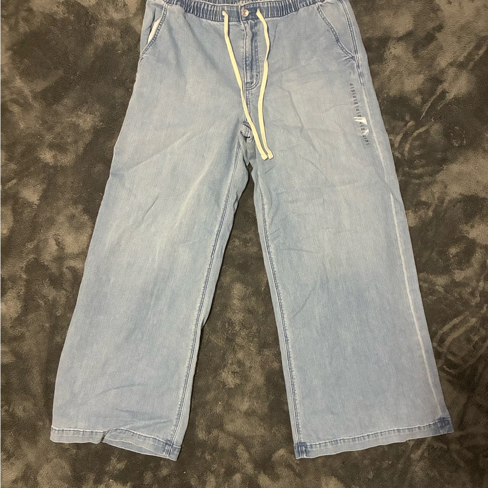 American Eagle Outfitters Light Blue Wide Leg Jeans with Drawstring